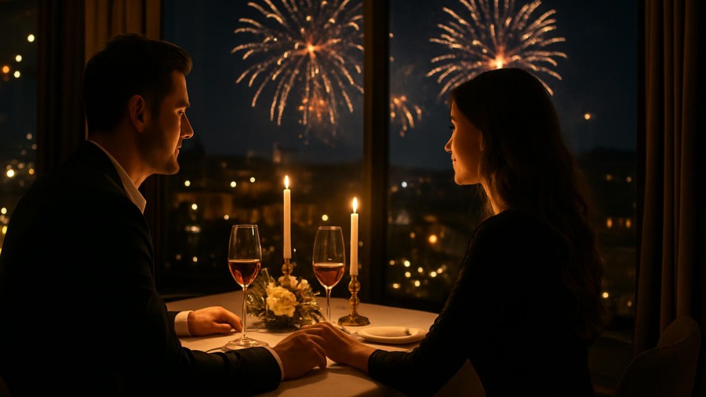 Coppia durante una cena romantica di Capodanno